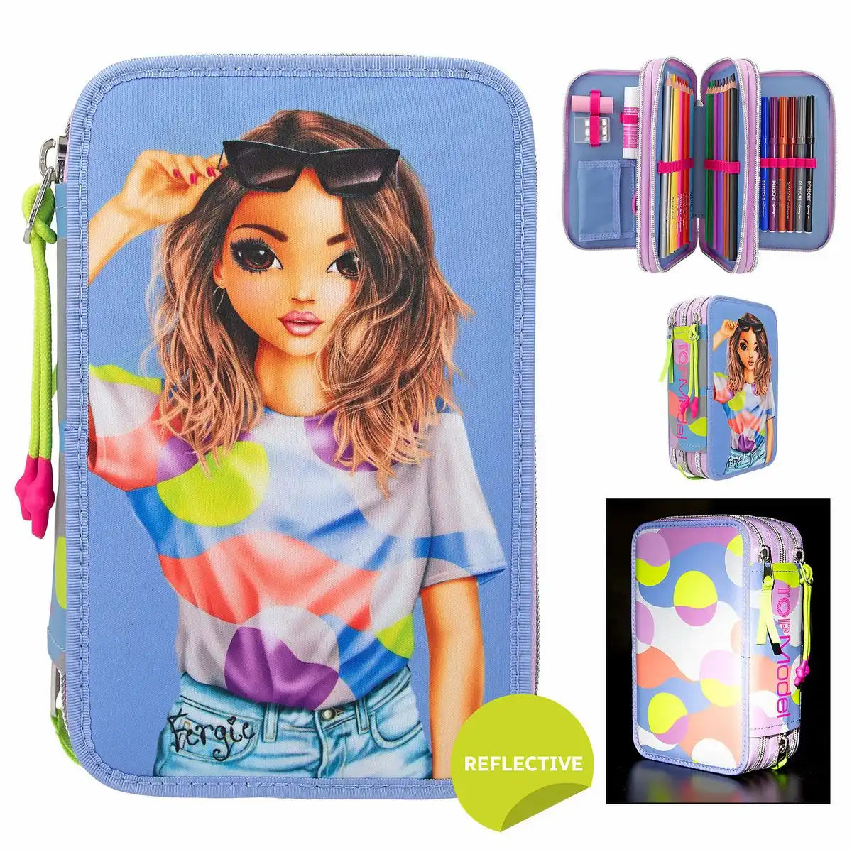 DEPESCHE 33 Teilig TOPModel Federtasche FLASH 3-Fach gefüllt – Reflektierendes Etui mit Stiften & Zubehör